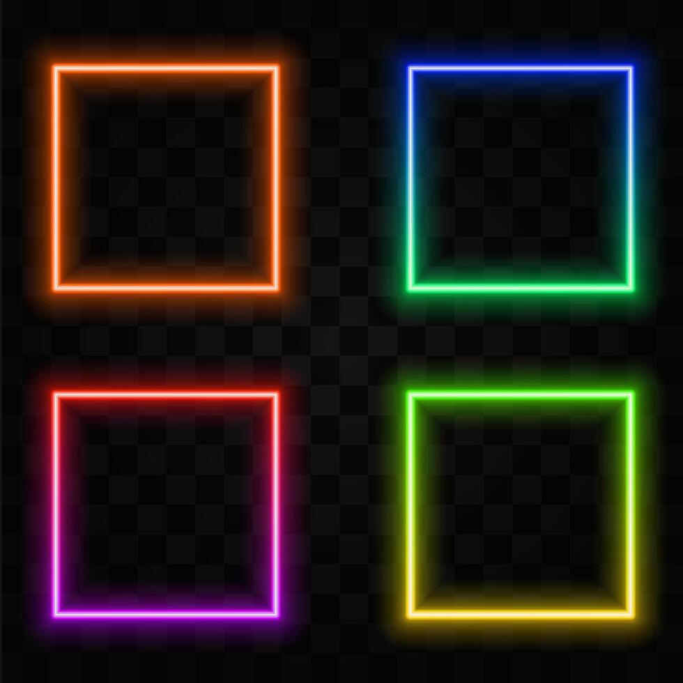 Neon square lamps. Realistic electric borders, illuminated frames. Shiny rectangle signs and wall brackets. Fluorescent light elements. vector
