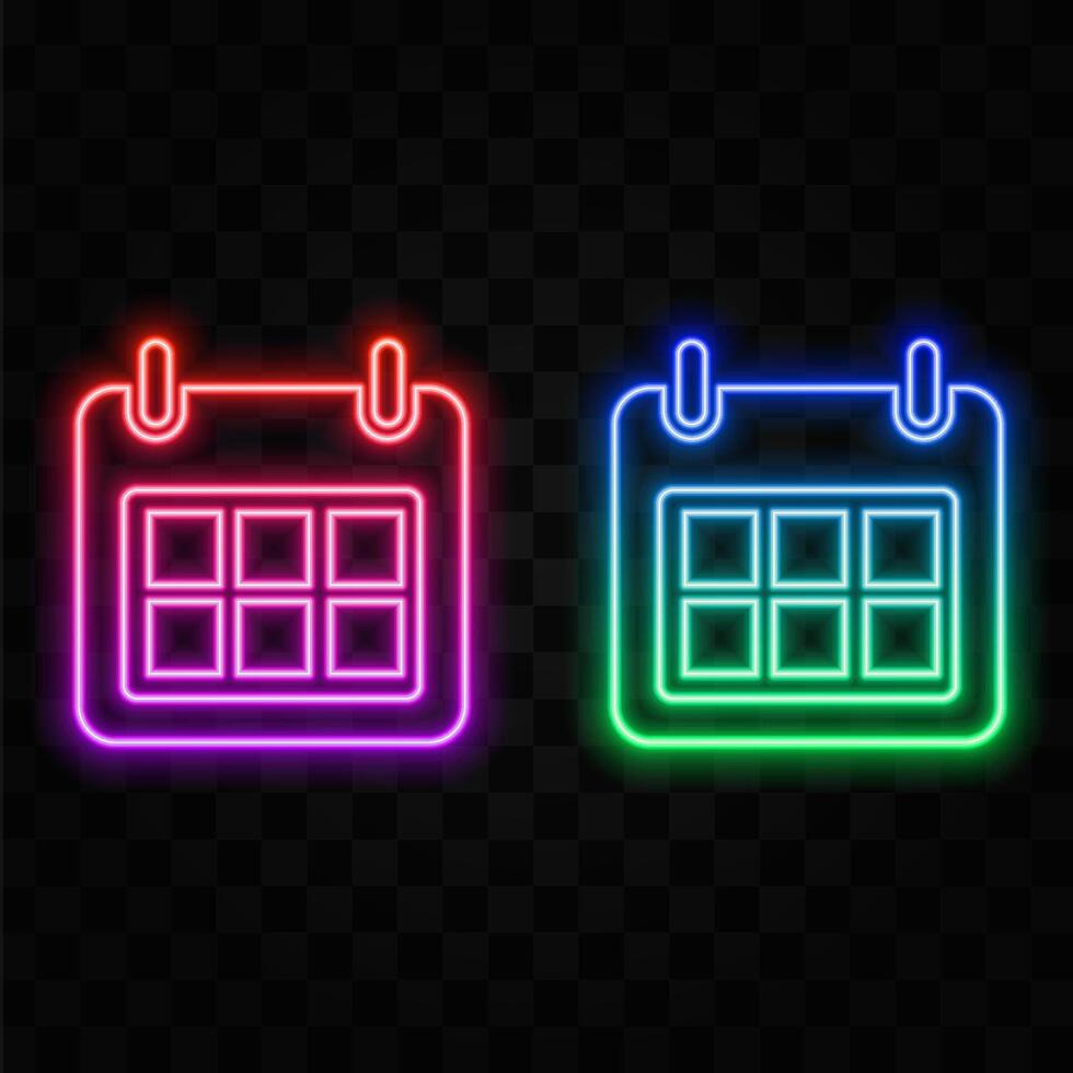 Glowing neon calendar icon isolated on blue background. Event reminder symbol. illustration vector