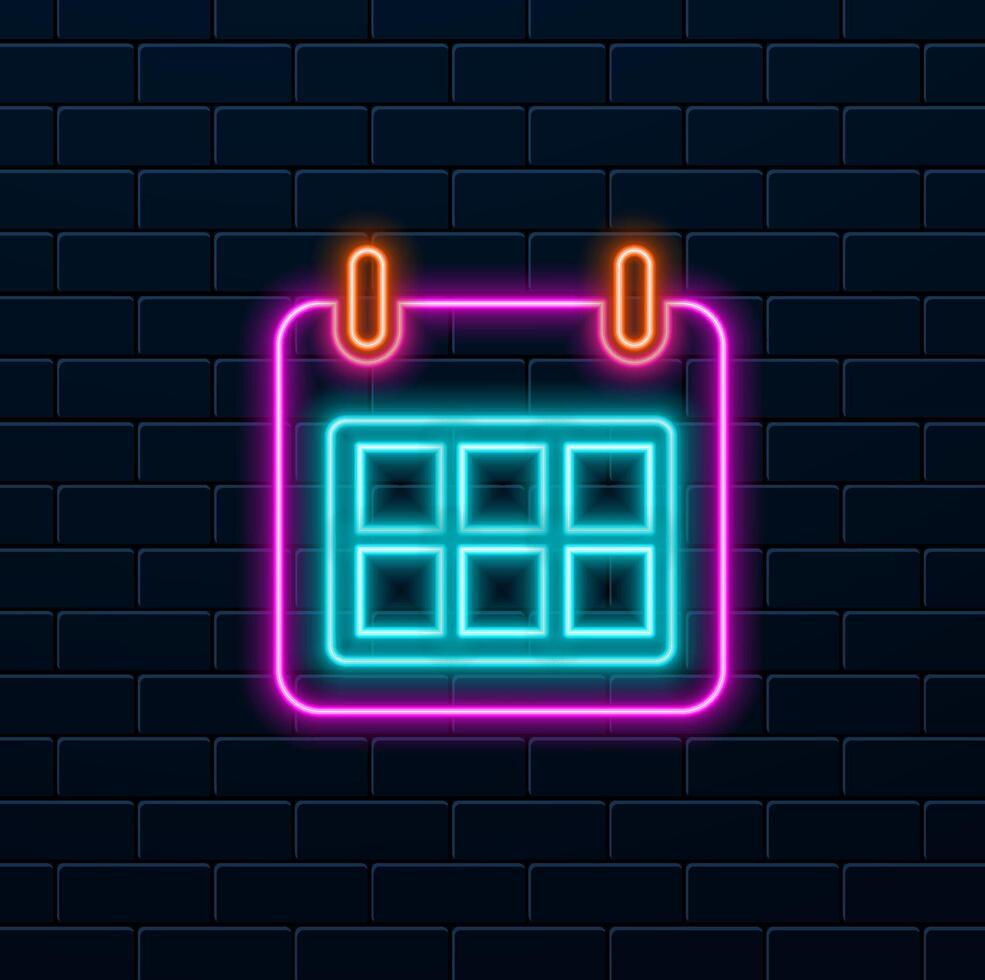 Bright blue neon line calendar icon isolated on black background. Event reminder symbol. Colorful outline concept. vector