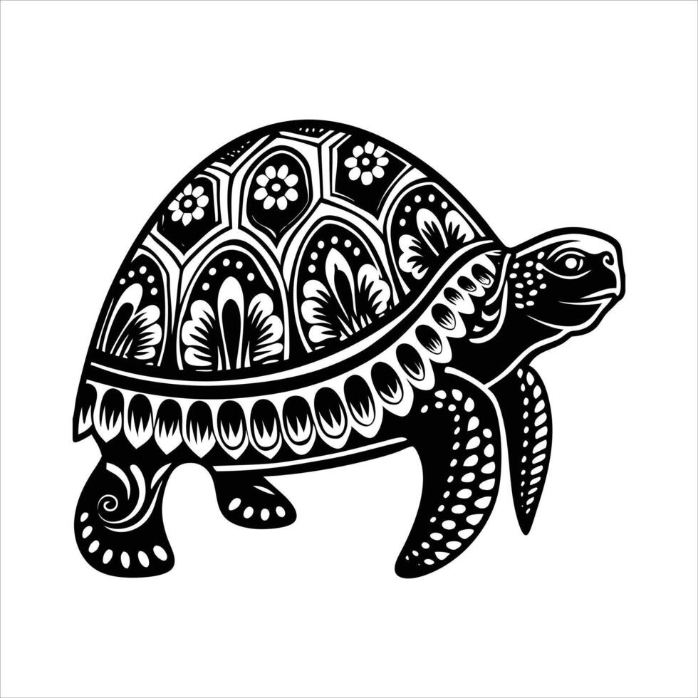 Turtle black linocut vintage drawing vector