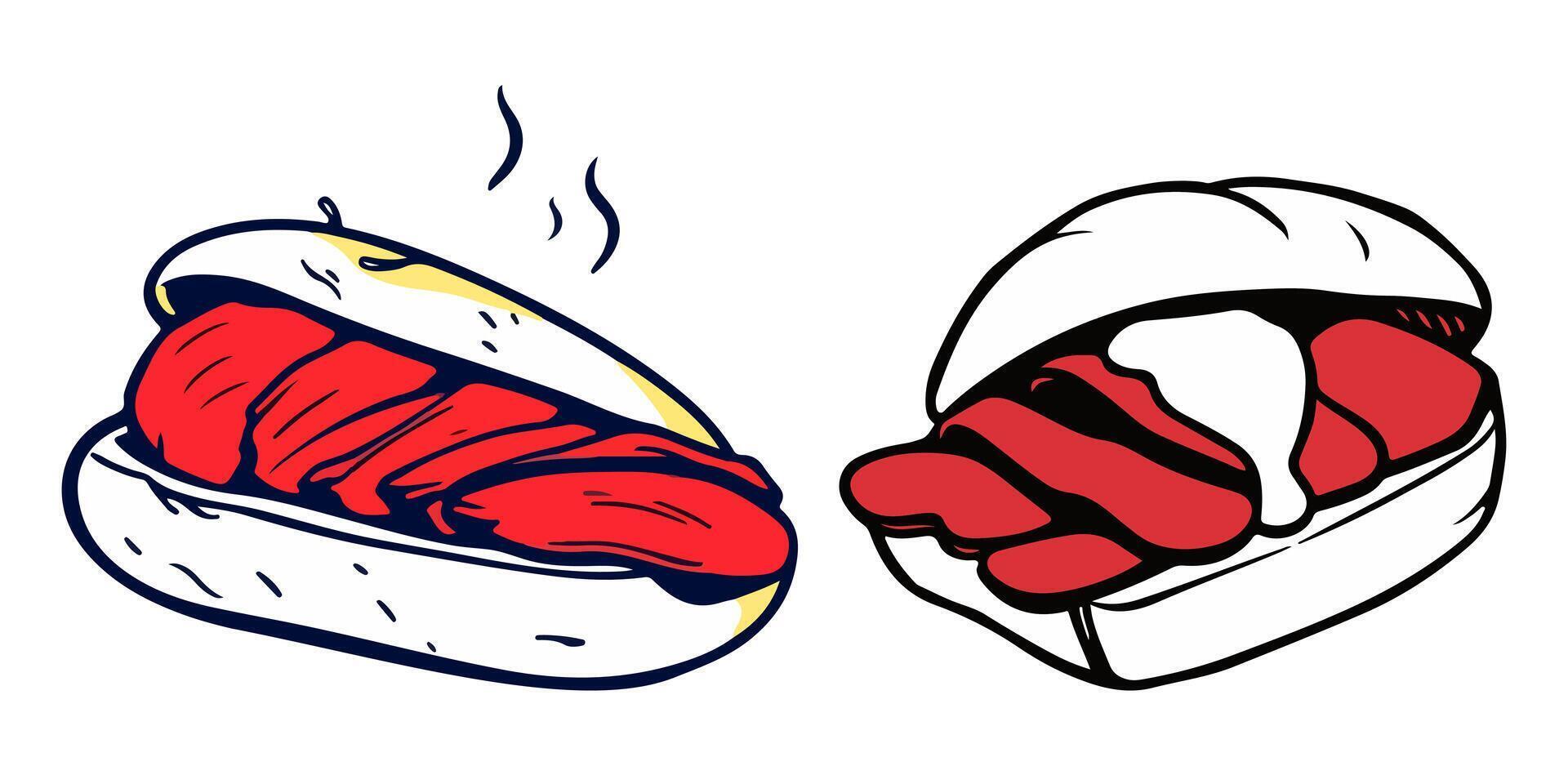 Illustration of Juicy Sliced Pit Beef Sandwich on Fresh Roll with Spicy Horseradish Sauce and Roasted Meat vector