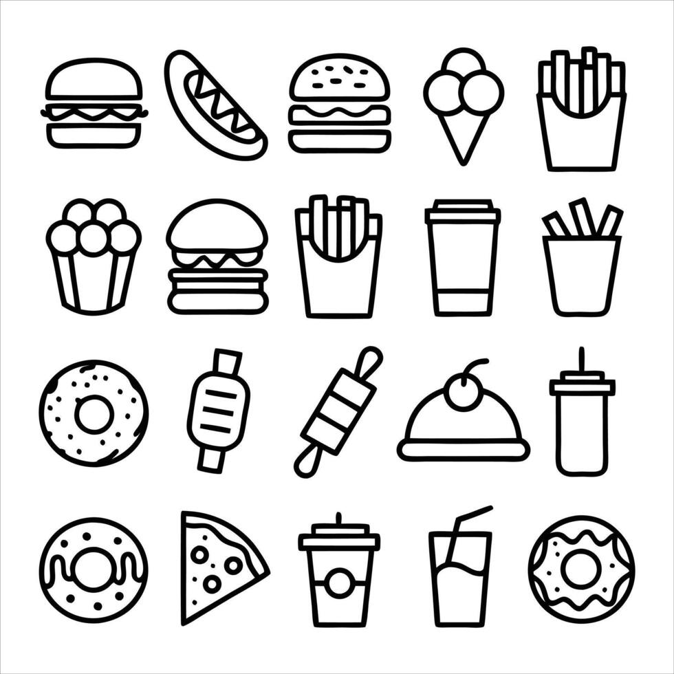 set of outline icons related to junk food line vector