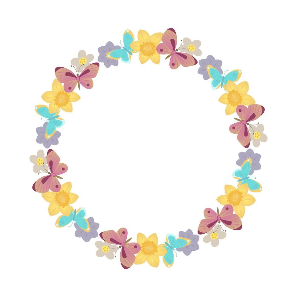 Circular frame of daffodils and butterflies on white background. element of bright design for advertising, packaging design, greeting cards and clothing design. vector