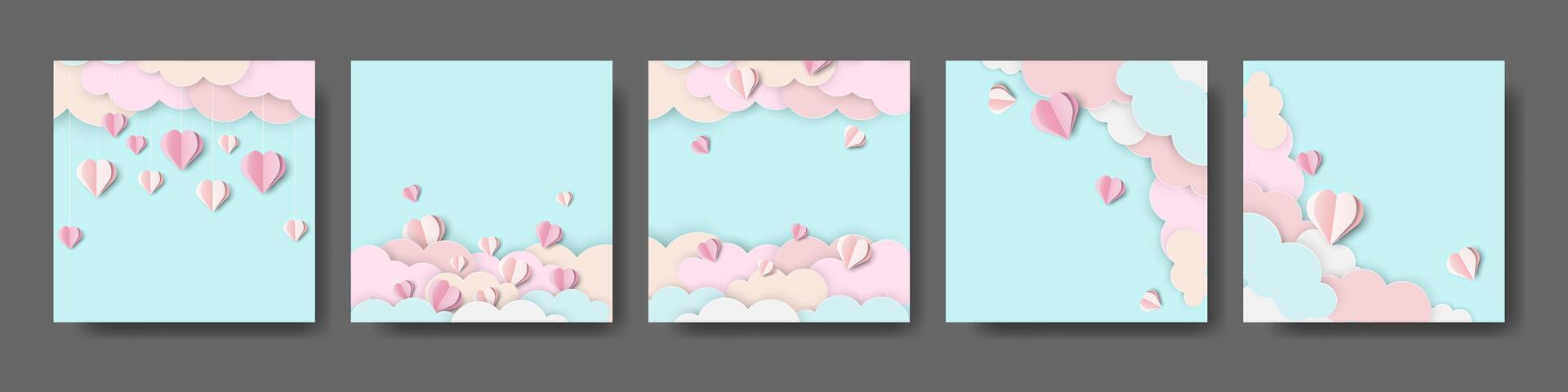 Set of Valentine's Day Paper Cut Templates with 3d Hearts and Clouds. Cute Universal Background Perfect for Wedding Invitations, Girly Birthday, Mothers and Womens Day, Menu, Greeting Card, Banner. vector