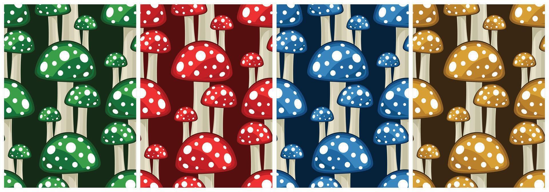 Set seamless color backgrounds with forest mushrooms. vector