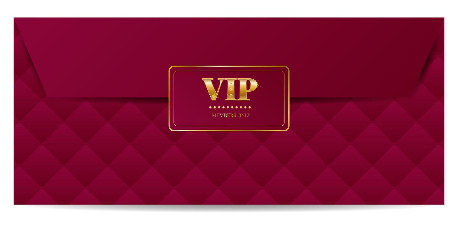 Elegant vintage invitation envelope with vip logo and gold brilliants on red background. illustration for casino, party, award, business vector
