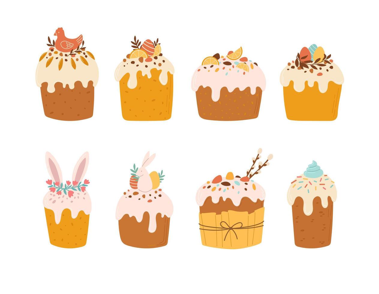 Set of Easter cakes illustration. Hand draw style. Holiday decor vector