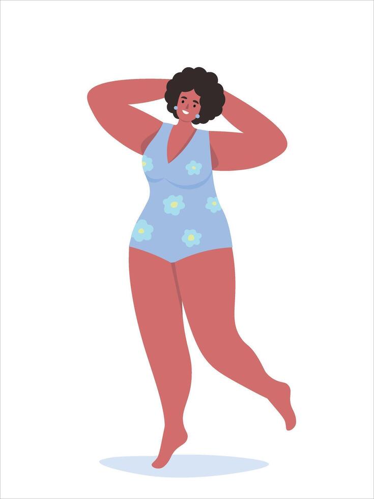 A beautiful young woman in a swimsuit enjoys relaxation and her body. The girl is happy with herself in the summer. flat graphics. vector