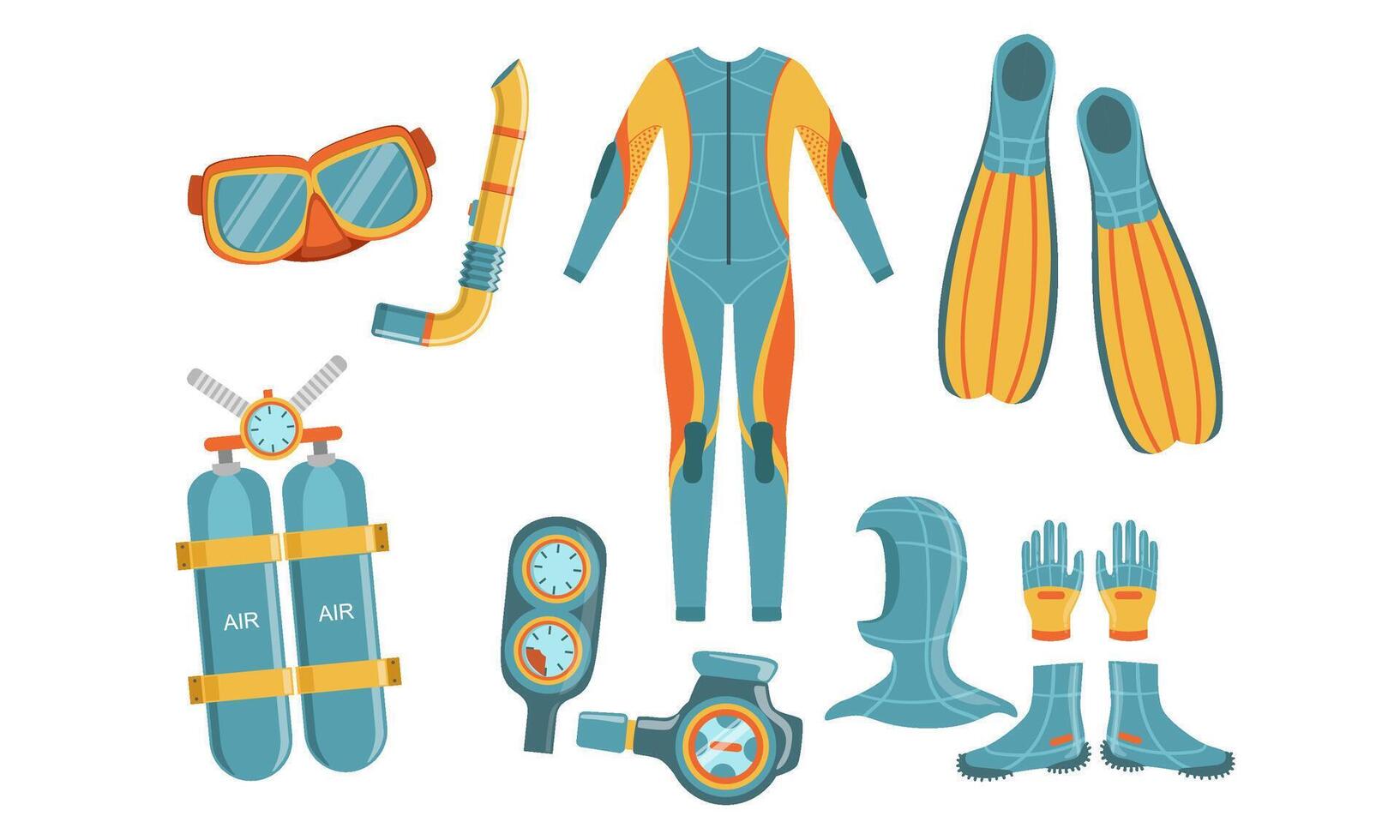 Diving Equipment Set, Wetsuit, Underwater Mask, Snorkel, Aqualung, Depth Gauge, Fins Illustration vector