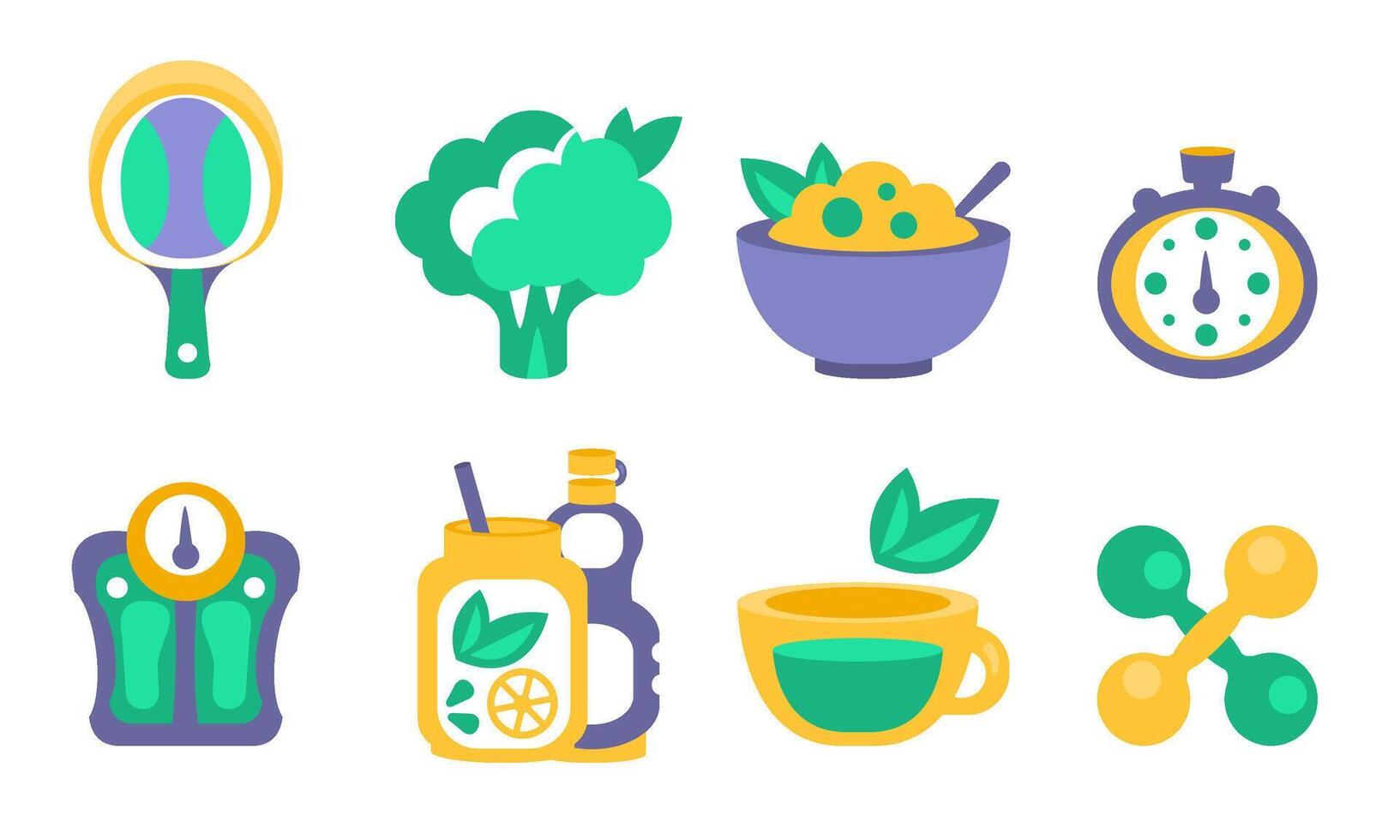 Fitness and Sport Icons Set, Healthy Lifestyle Elements, Table Tennis Racket, Broccoli, Healthy Food, Stopwatch, Scales, Vitamins and Dietary Supplement, Dumbbells Illustration vector