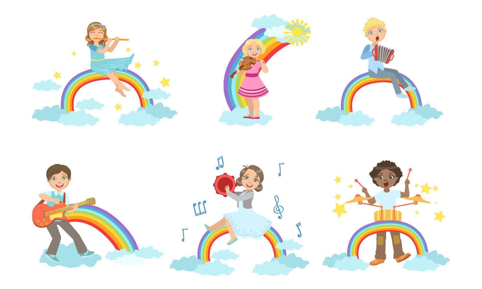 Children Playing Musical Instruments while Sitting on Rainbow Set, Boys and Girls Playing Flute, Violin, Accordion, Guitar, Tambourine, Drum Illustration vector