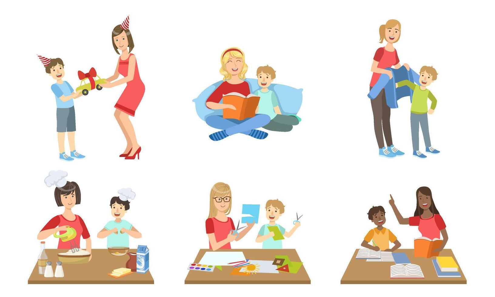 Mother and Son Performing Daily Activities Together Set, Cooking, Reading Book, Making Applique, Giving Gifts Illustration vector