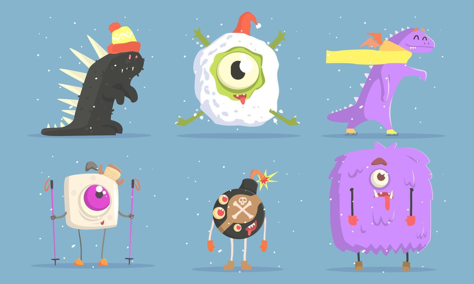 Collection of Funny Monsters Cartoon Characters in Winter Outdoor Activities Set Illustration vector