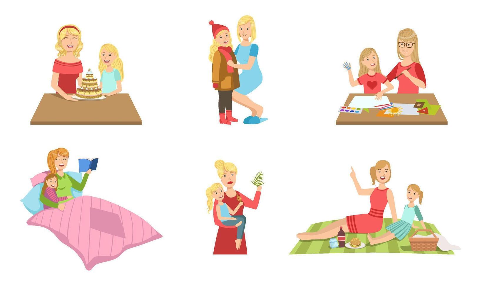 Mother and Daughter Performing Daily Activities Together Set, Sewing, Baking, Painting, Reading Book, Playing, Having Picnic Illustration vector