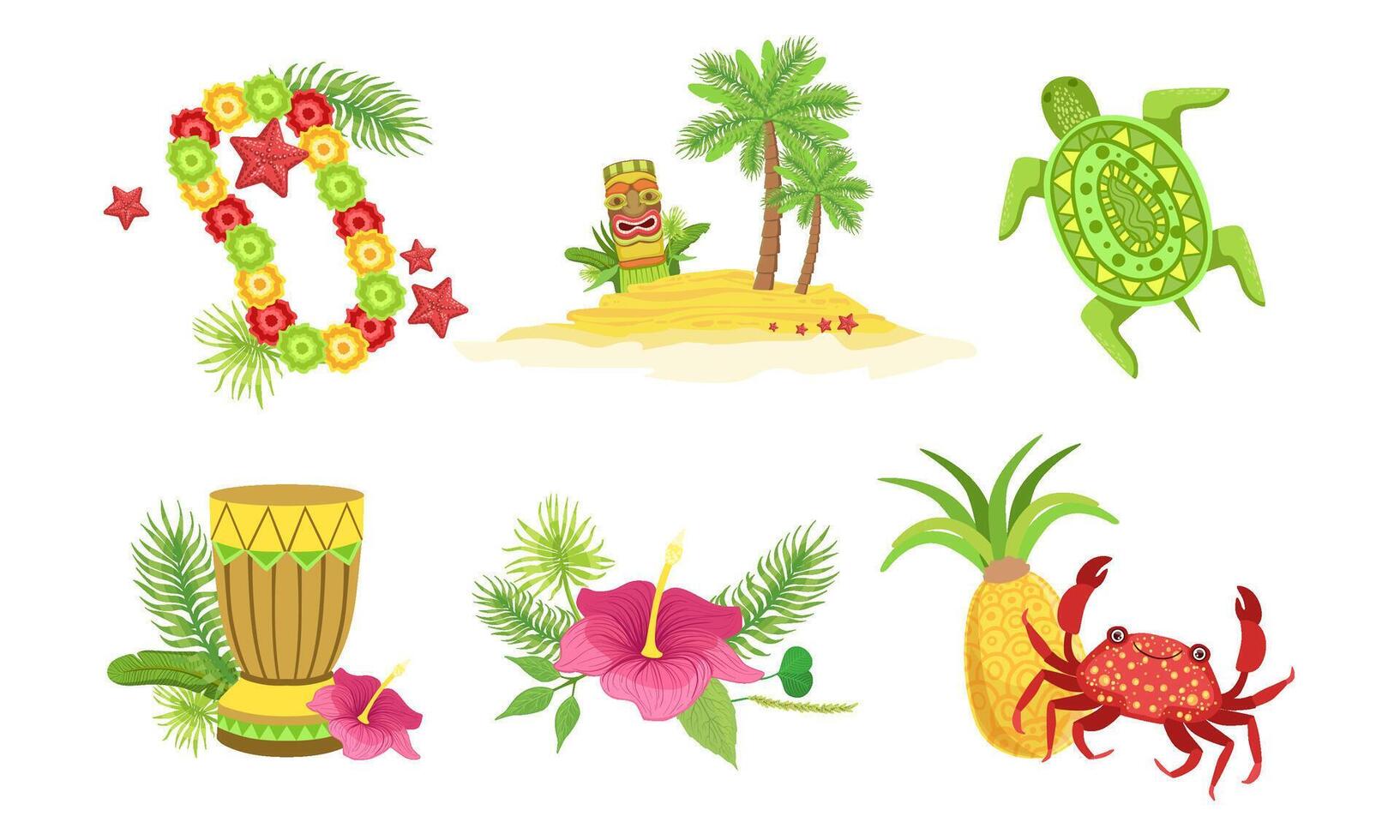 Collection of Hawaiian Traditional Objects, Flower Necklace, Palm Tree, Tiki Mask, Drum, Crab, Pineapple, Hibiscus Flower Illustration vector