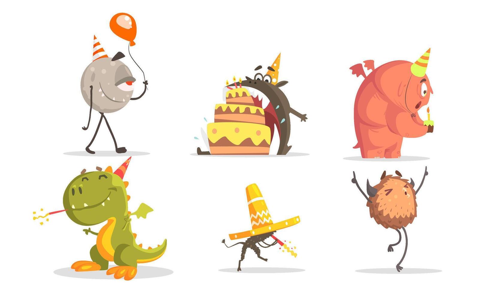 Cute Cartoon Monsters Characters Set, Birthday Party Design Element Illustration vector