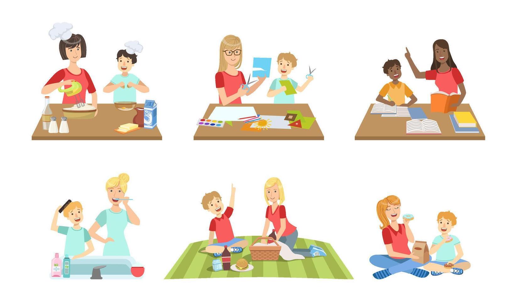 Mother and Son Performing Daily Activities Together Set, Cooking, Reading Book, Making Applique, Having Picnic Illustration vector