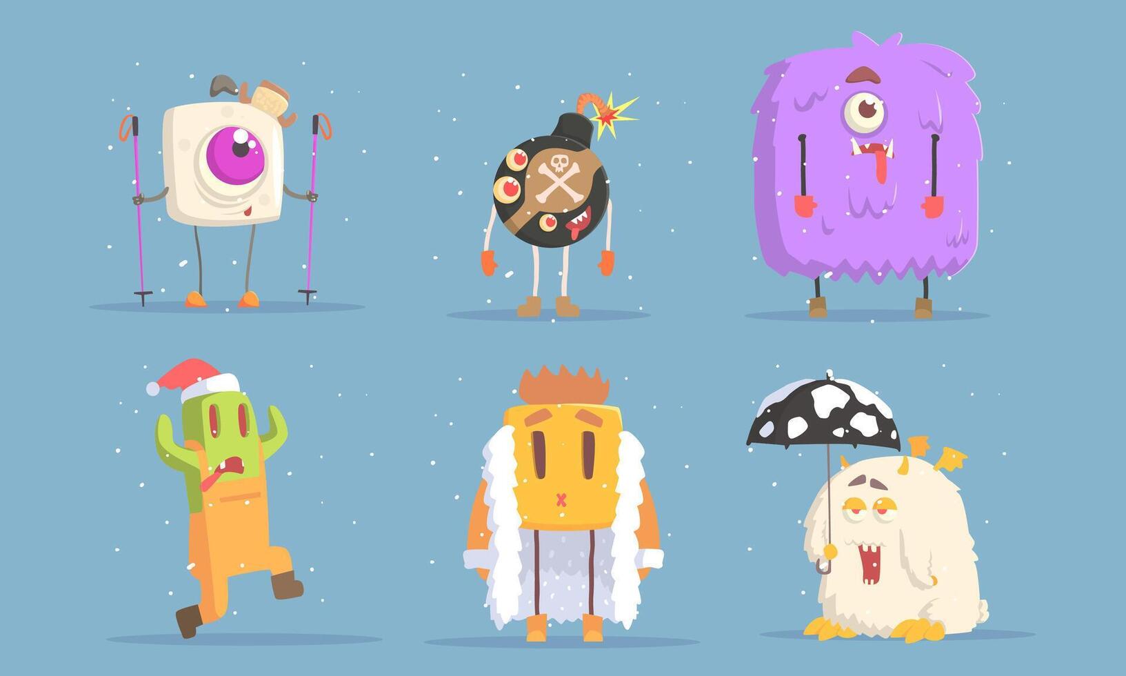 Collection of Funny Monsters Cartoon Characters in Winter Season Set Illustration vector