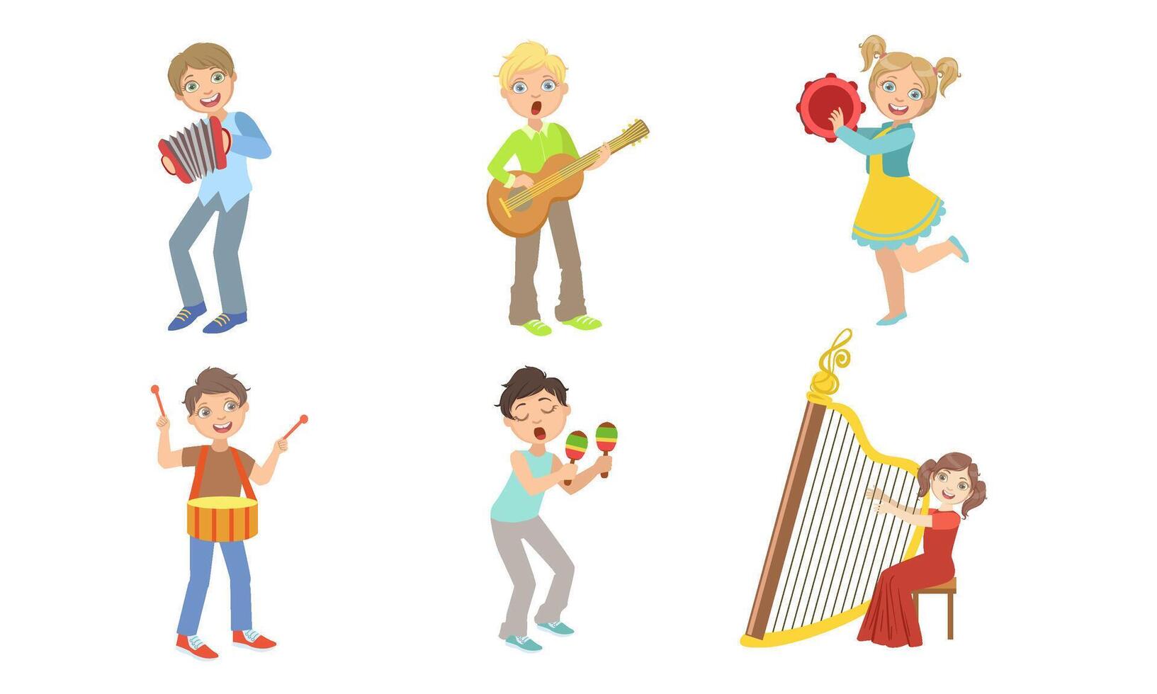 Kids Playing Music Set, Boys and Girls with Musical Instruments, Children Playing Accordion, Guitar, Tambourine, Drum, Maracas, Harp Illustration vector