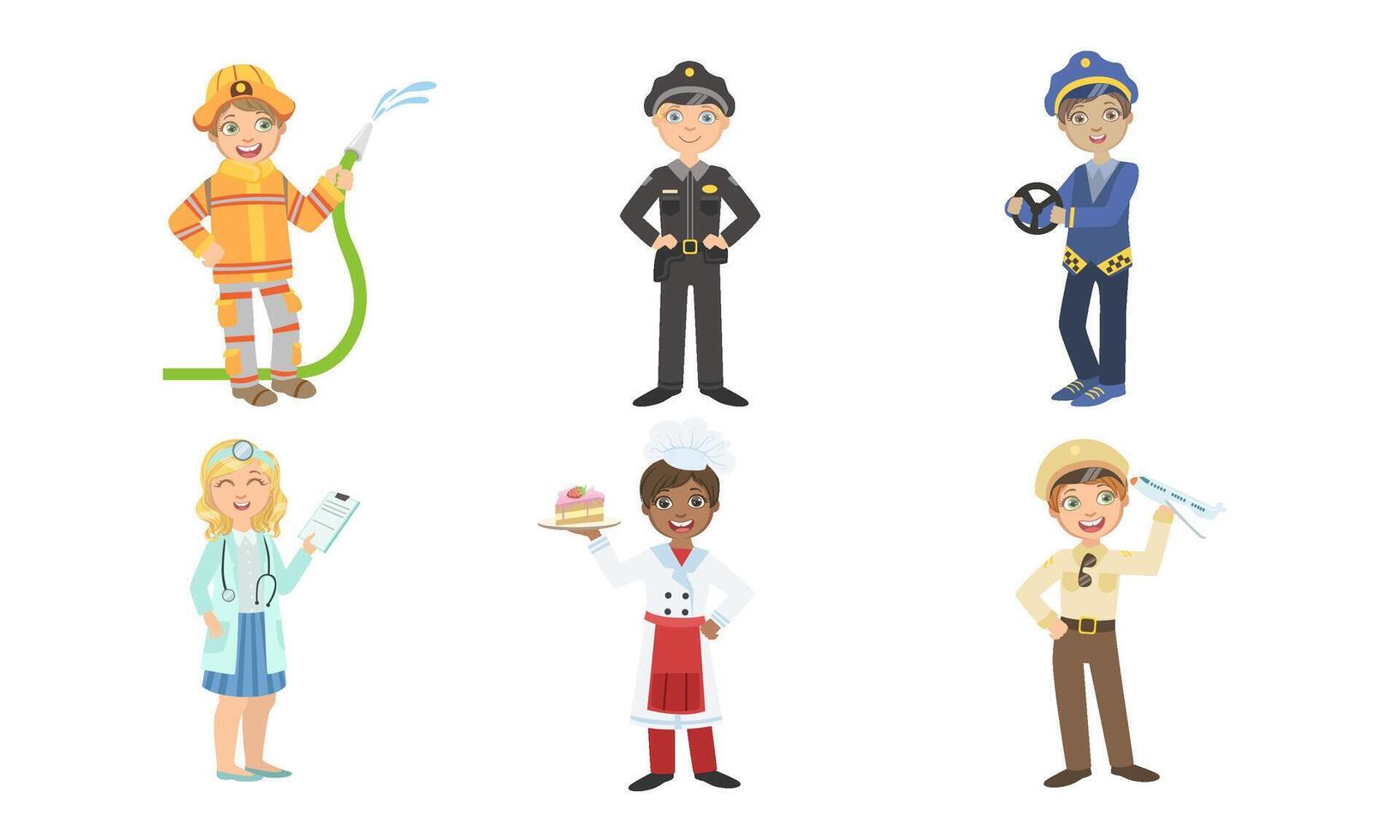 Cute Boys and Girls of Various Professions Set, Fireman, Policeman, Taxi Driver, Doctor, Cook, Pilot Illustration vector