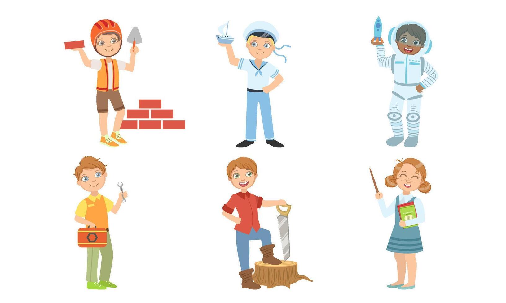 Cute Boys and Girls of Various Professions Set, Builder, Sailor, Astronaut, Lumberjack, Teacher Illustration vector