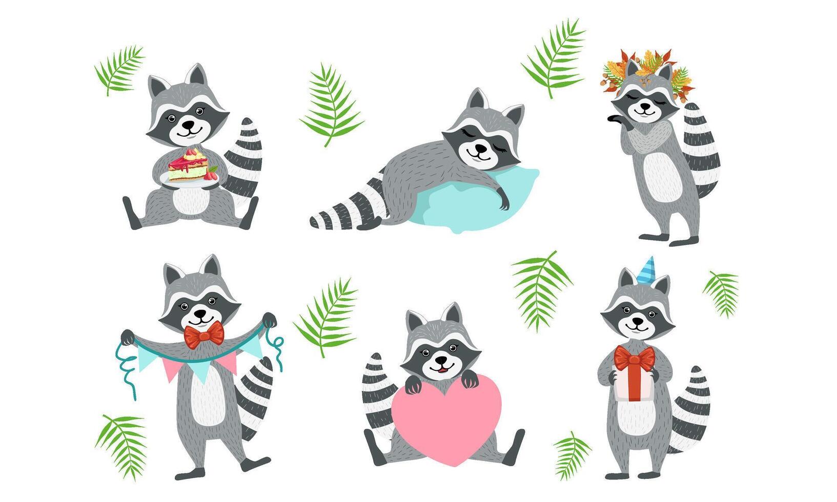 Cute Funny Raccoons Collection, Adorable Funny Animal Character in Different Situations Illustration vector