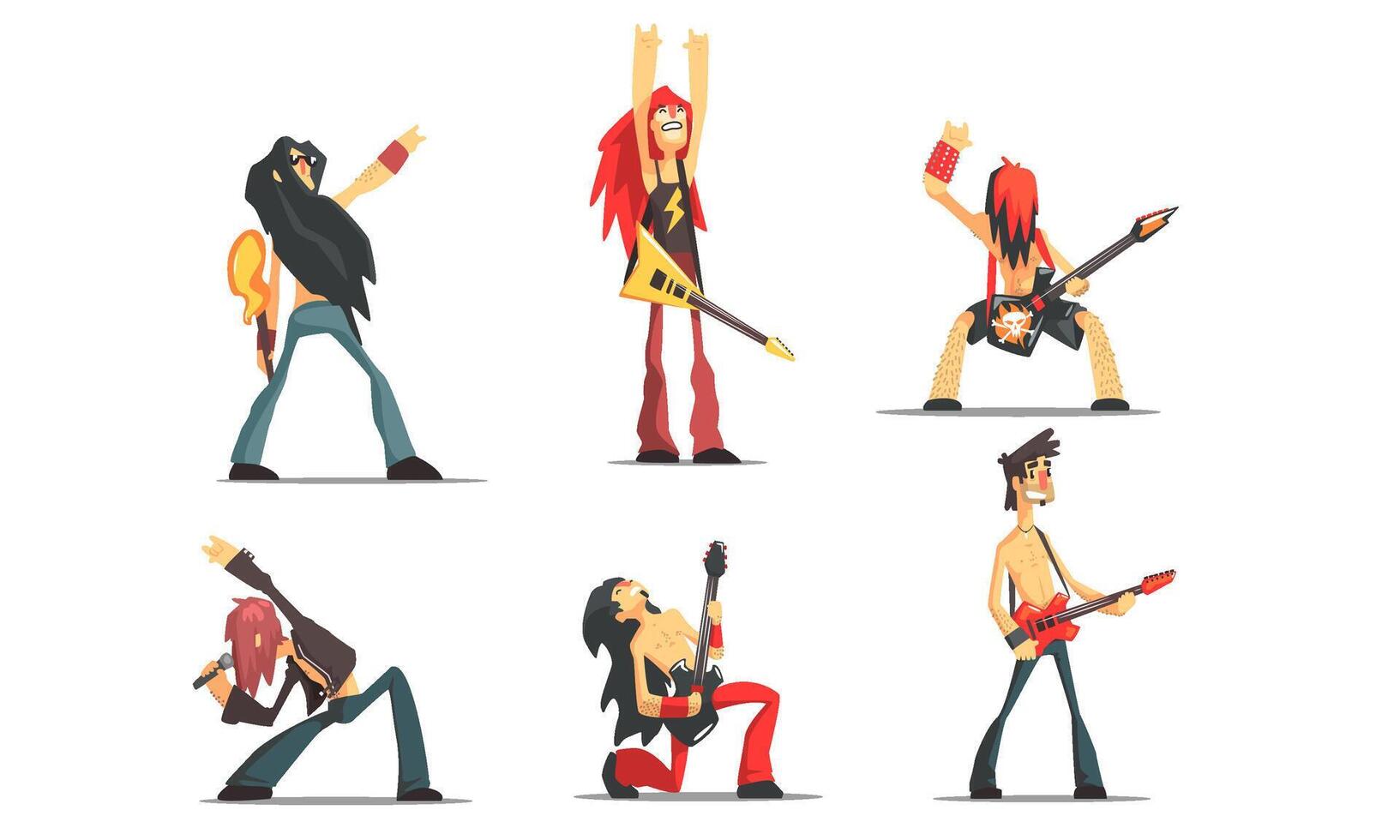 Rock Musicians Singing and Playing Guitar Set, Male Rockers Performing on Stage Illustration vector