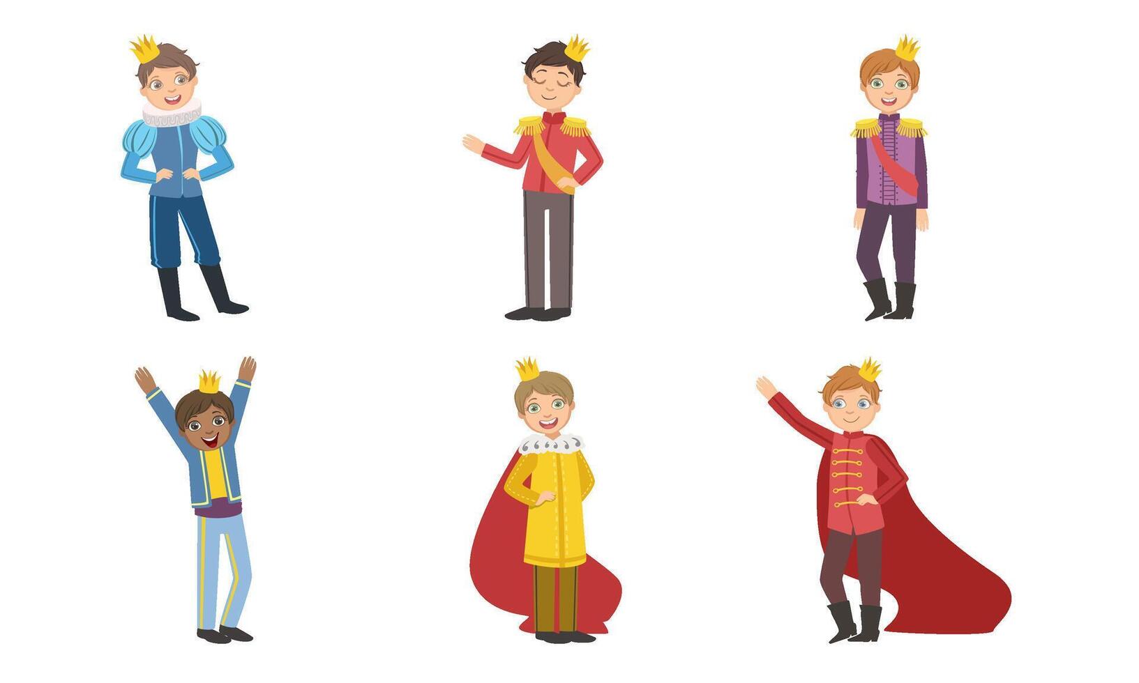 Cute Little Boys Wearing Prince Costumes with Crowns and Mantles Set Illustration vector