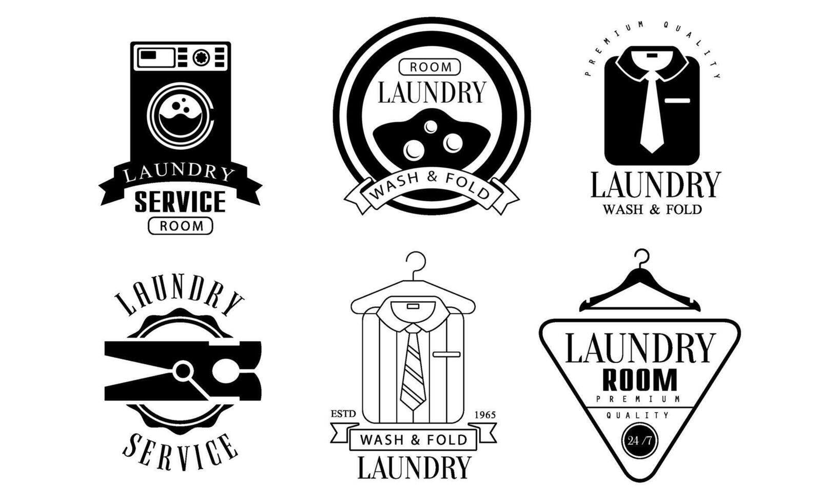 Laundry Service Room, Wash and Fold Labels Set, Laundry Service Vintage Badges Monochrome Illustration vector