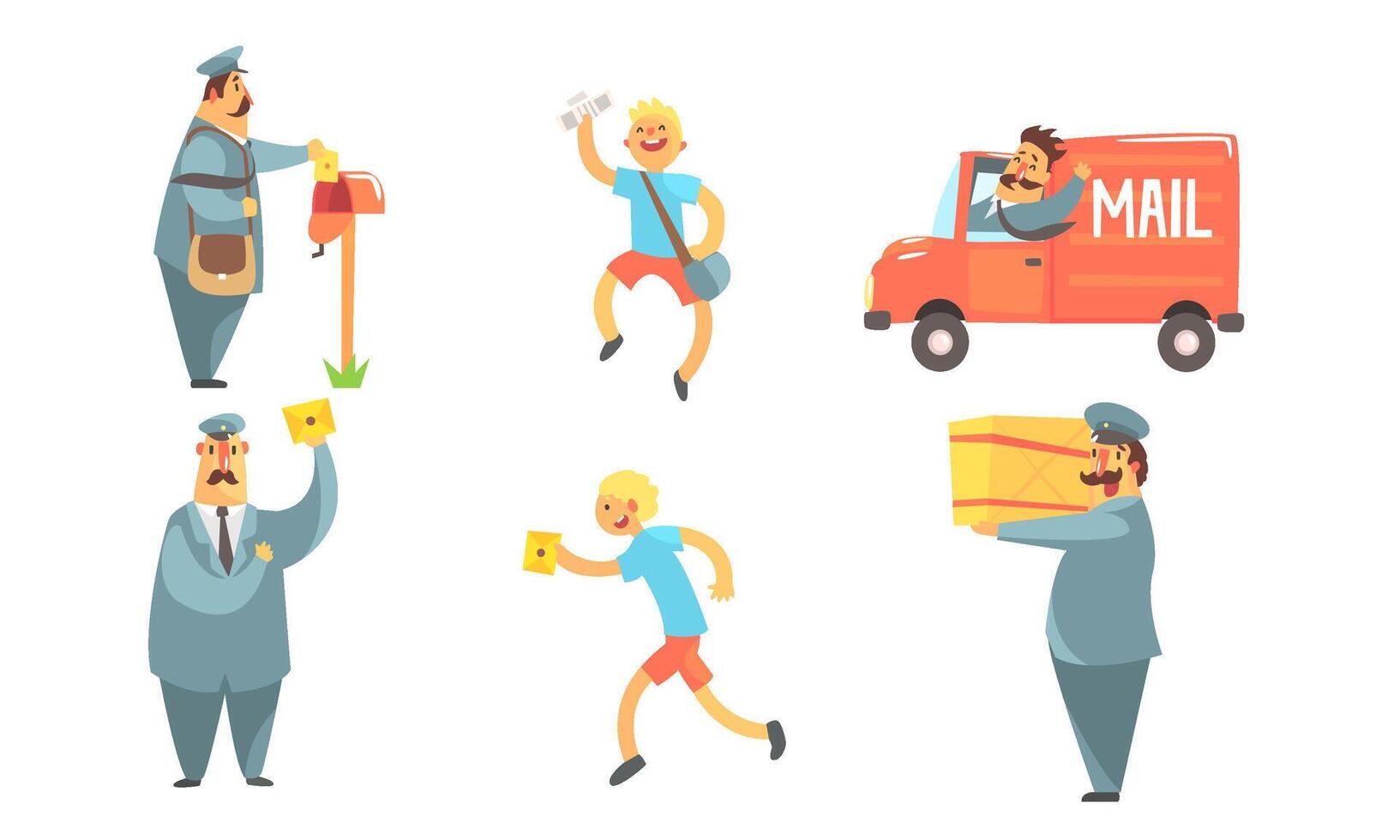 Postmen Delivering Letters Set, Funny Deliverymen Cartoon Characters with Parcels, Shipping Service Illustration vector