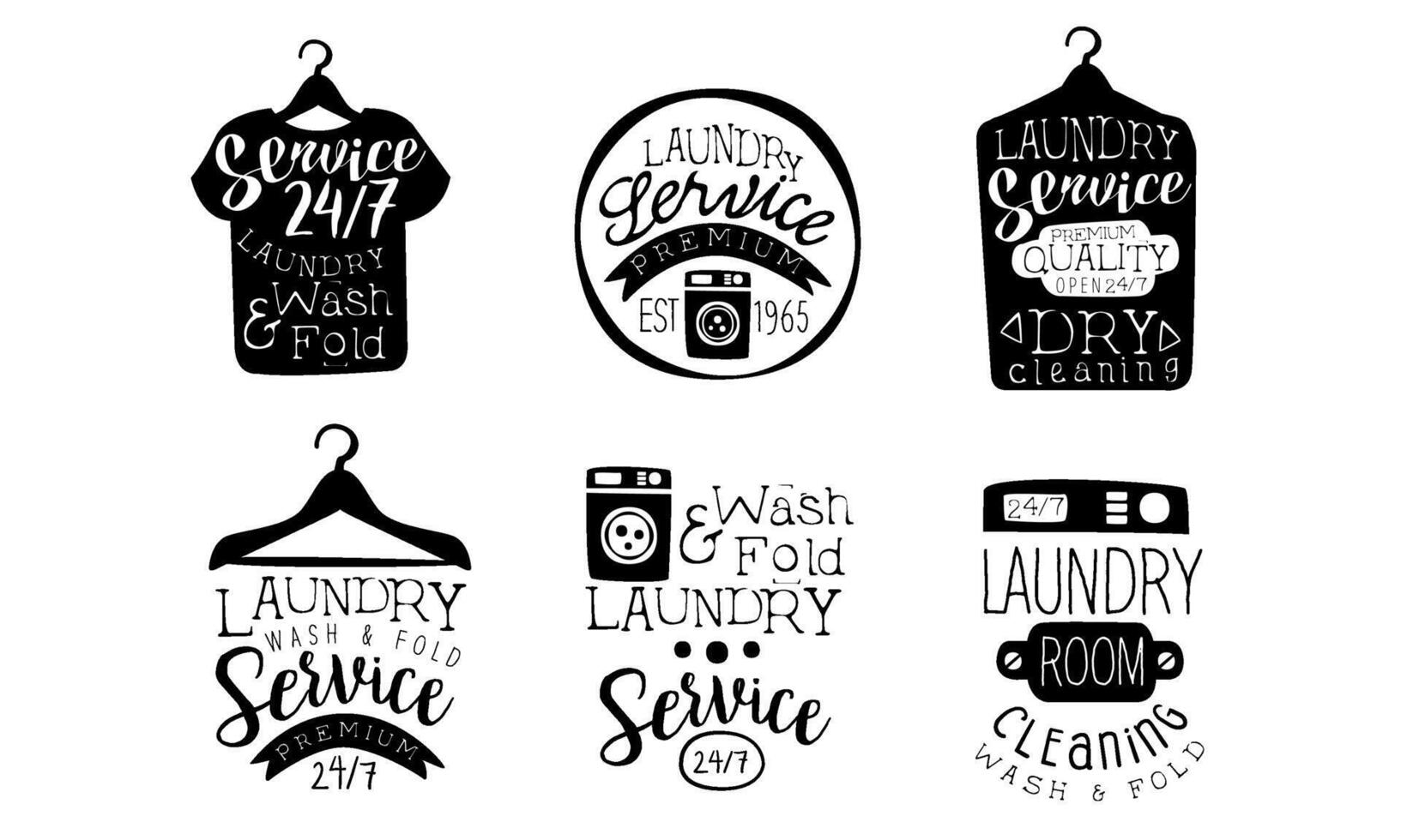 Laundry Service, Wash and Fold Labels Set, Dry Cleaning Vintage Hand Drawn Badges Monochrome Illustration vector