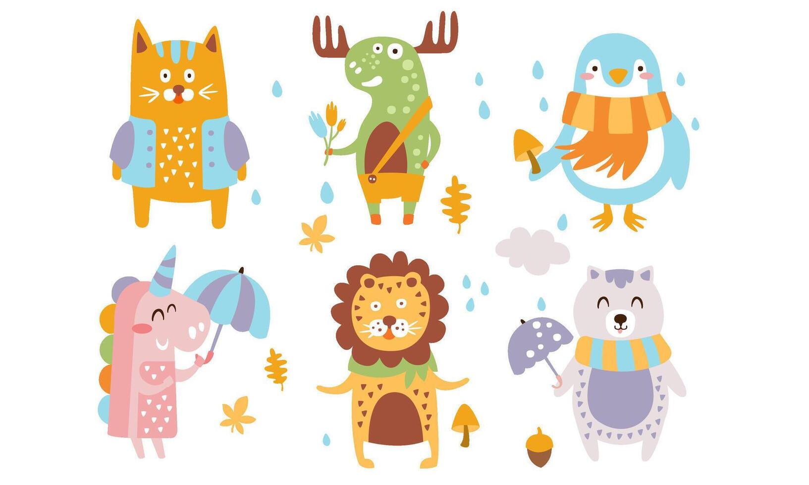 Cute Forest Animals Set, Autumn Season Design Elements, Cat, Moose, Penguin, Unicorn, Lion Illustration vector