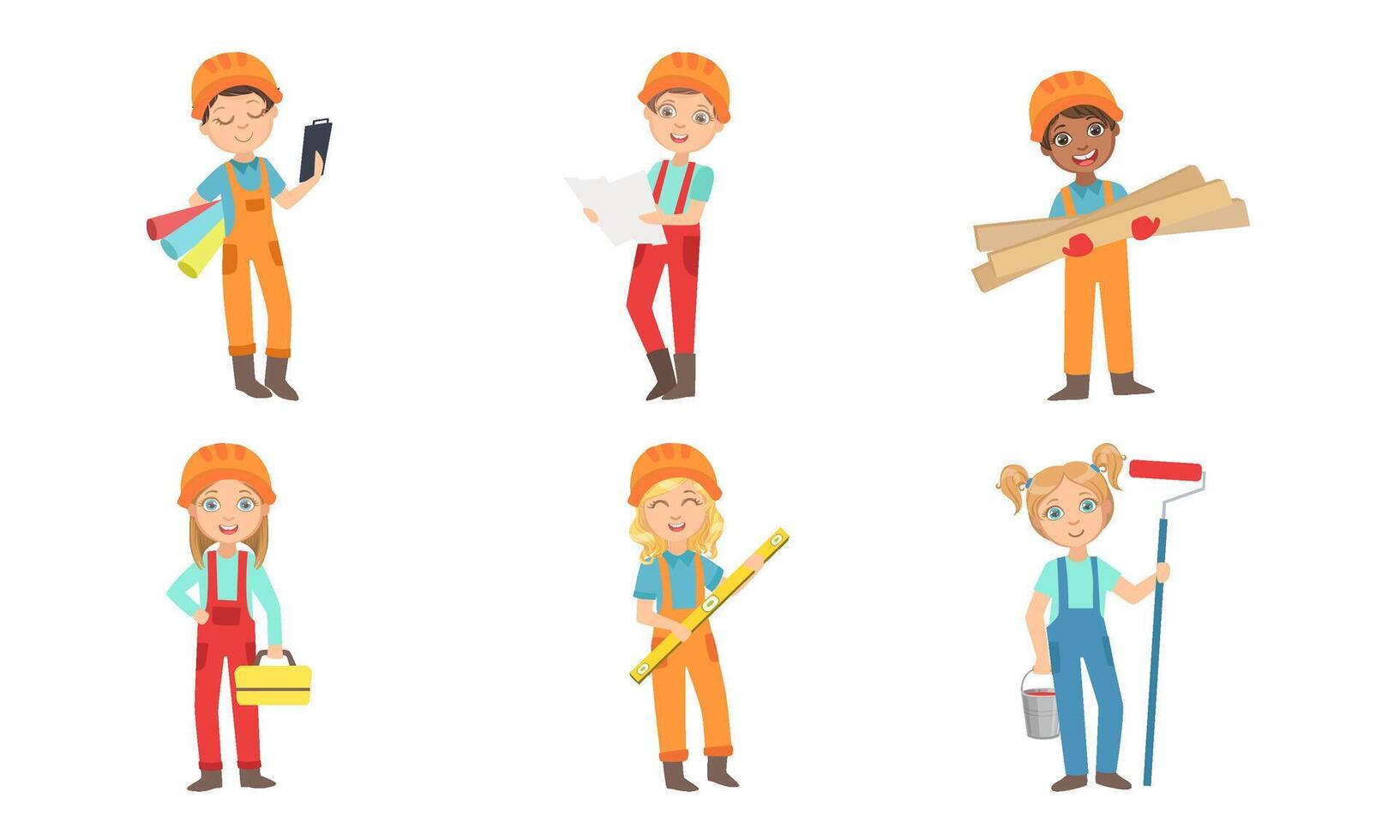 Cute Kids Construction Workers Set, Boys and Girls Builders Characters in with Professional Tools Illustration vector