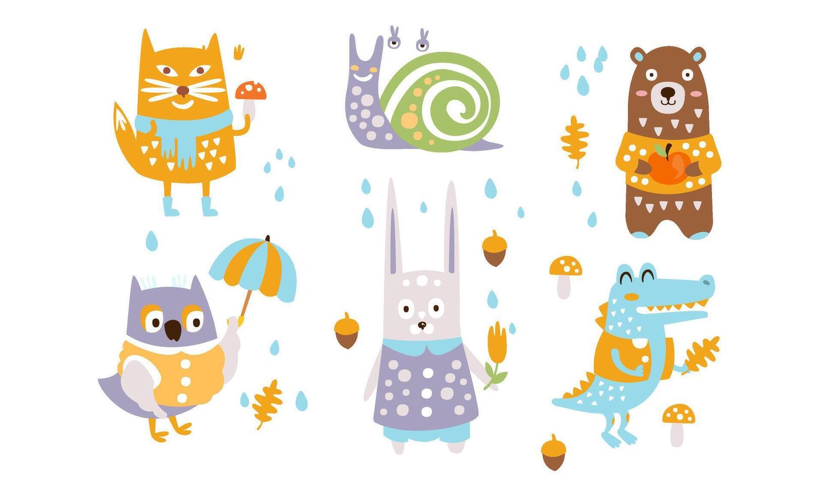 Cute Forest Animals Set, Autumn Season Design Elements, Fox, Snail, Bear, Owl, Rabbit, Crocodile Illustration vector