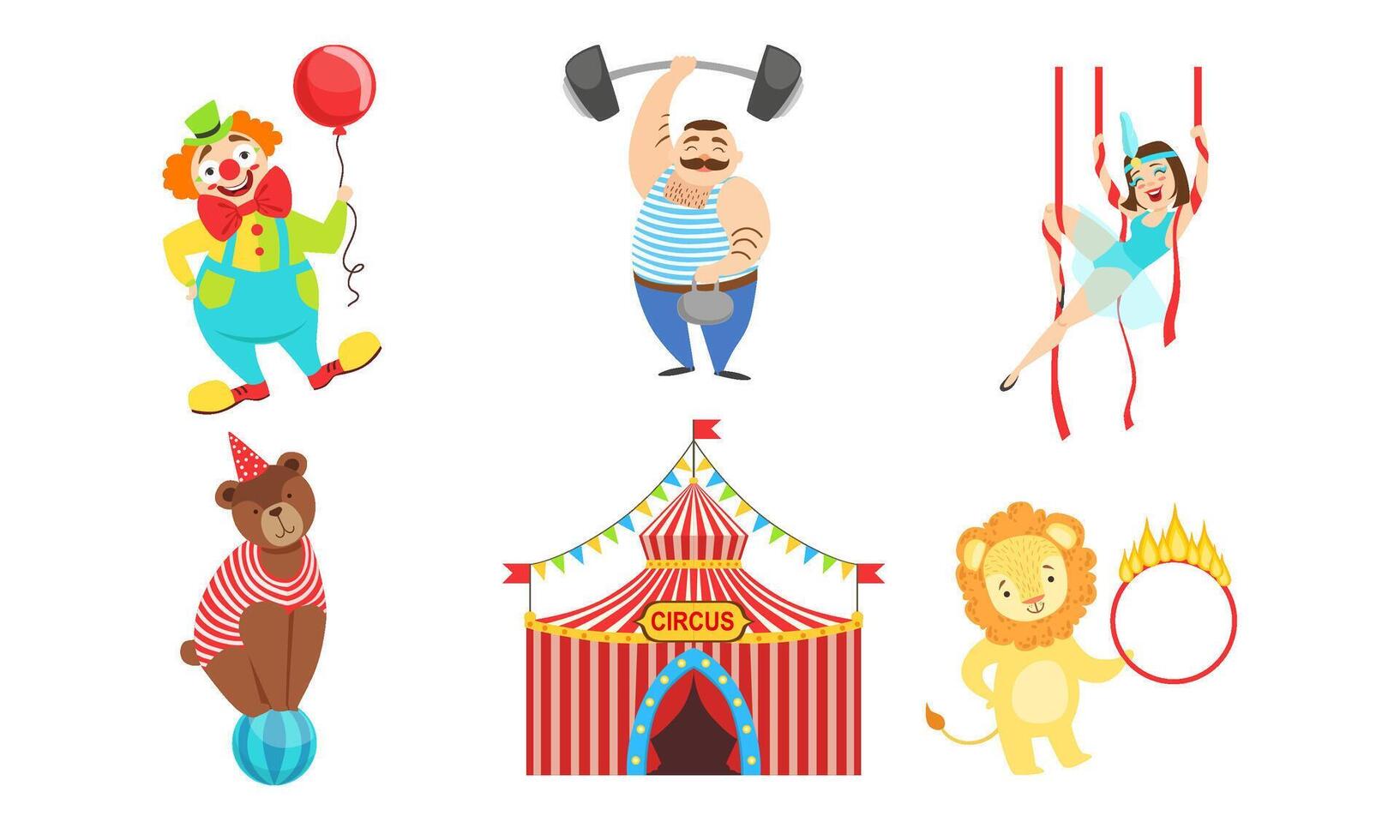 Circus Performers Characters Set, Strongman, Air Gymnast, Clown, Circus Lion and Bear Illustration vector