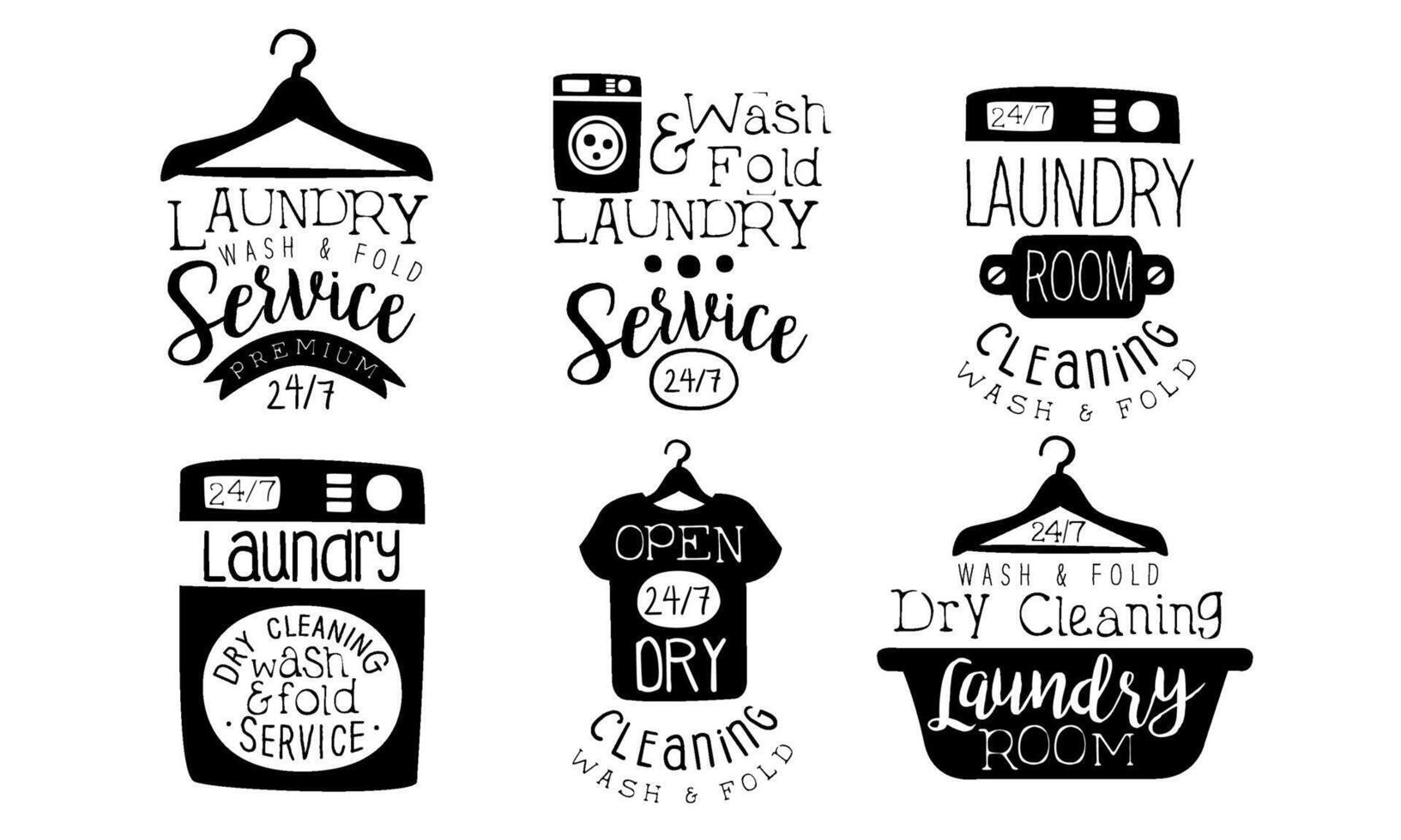 Laundry Service, Wash and Fold Labels Set, Dry Cleaning Laundry Room Vintage Hand Drawn Badges Monochrome Illustration vector