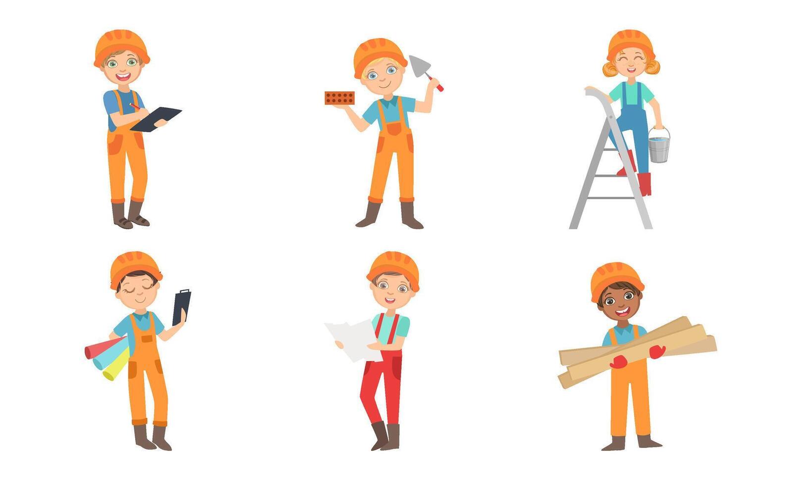 Cute Kids Construction Workers Set, Boys and Girls Builders Characters with Professional Tools Illustration vector