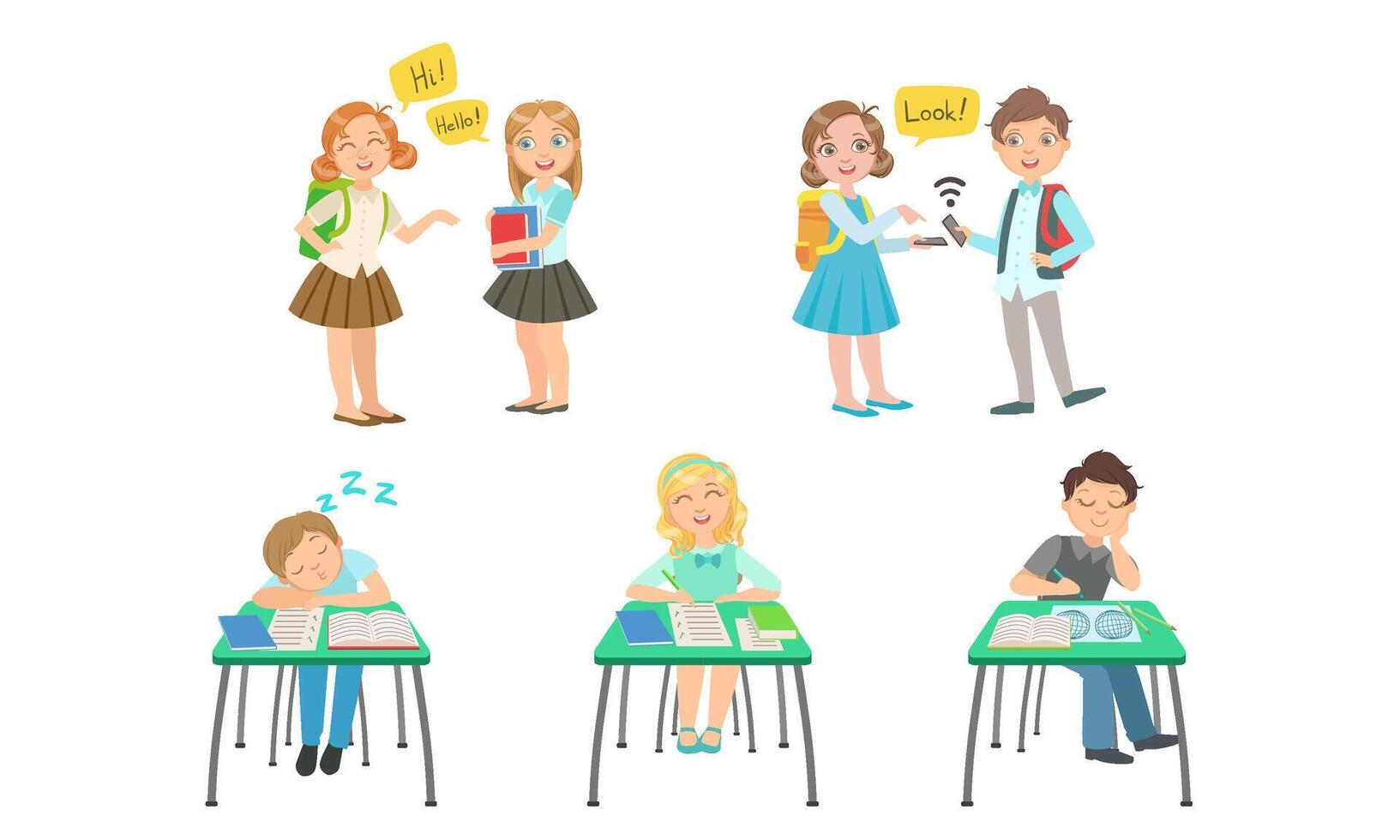 Cute Primary Schools Pupils Communicating and Studying at School, Kids Sitting at Desks at Classroom, School Children Characters Illustration vector