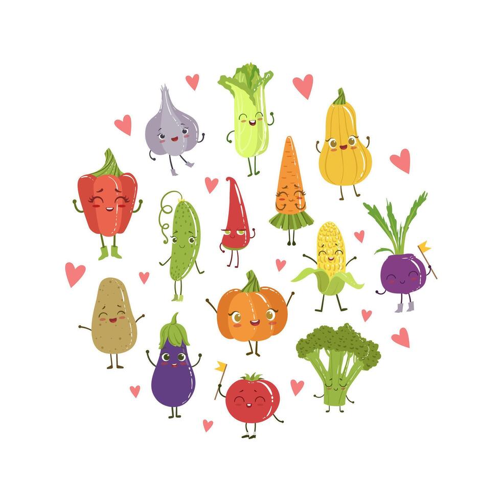 Colorful Funny Vegetables Cartoon Characters Seamless Pattern of Round Shape, Healthy Food Illustration vector