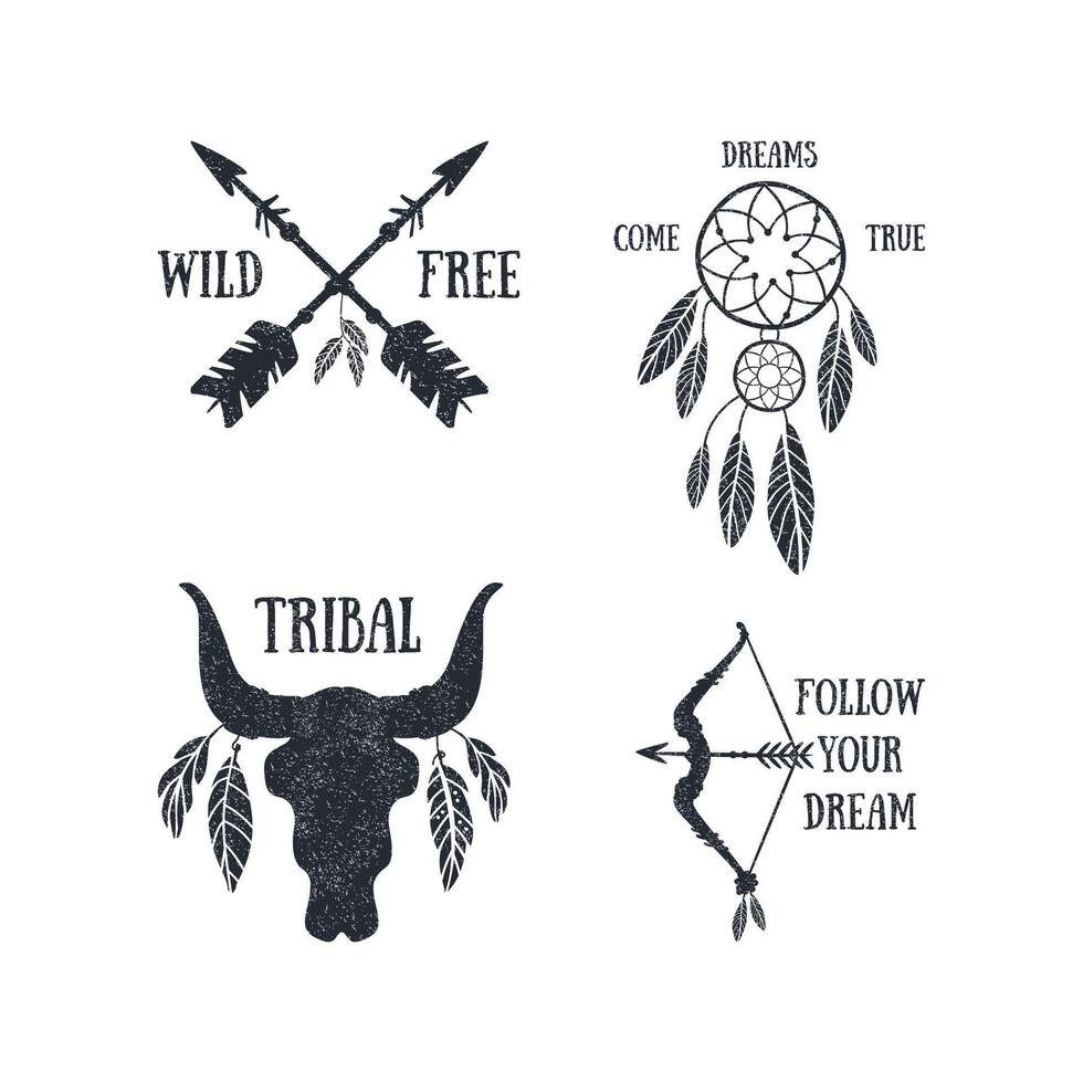 Boho Style Collection, Wild Free, Come Dreams True, Follow Your Dream Templates Can be Used for Banner, Flyer, Placard, Card Black and White Illustration vector