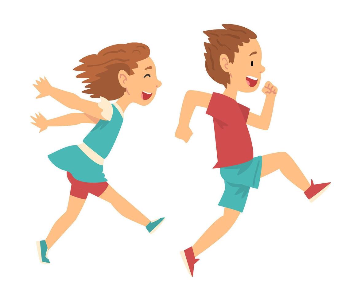 Smiling Boy and Girl Running Together, Happy Kids Having Fun Cartoon Illustration vector