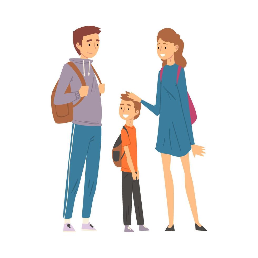Happy Family Travelling Together, Mother, Father and Son Trekking to Nature, Hiking, Adventures, Active Recreation Illustration vector