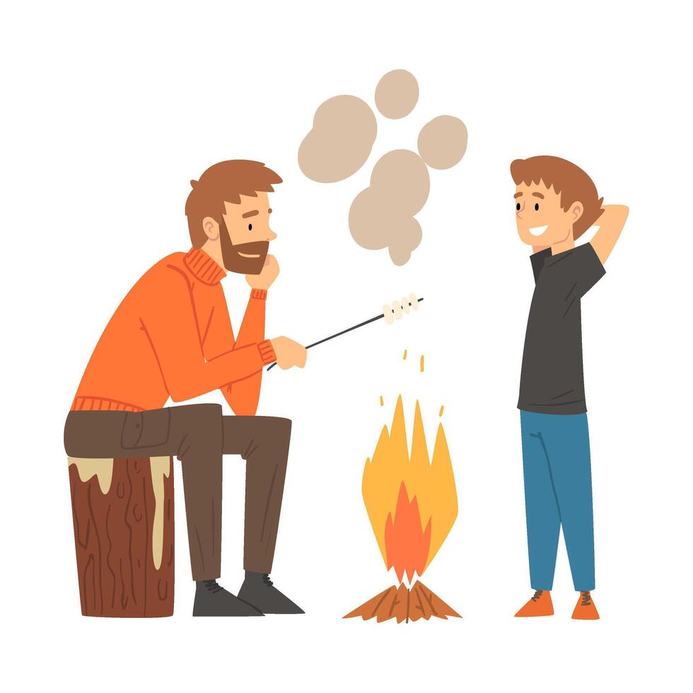 Father and Son Frying Marshmallows on Bonfire, Family Camping, Hiking, Summer Adventures, Active Recreation Illustration vector