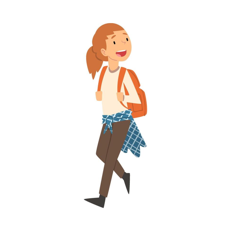 Cute Smiling Girl Walking with Backpack, Kid Travelling on Vacation Illustration vector