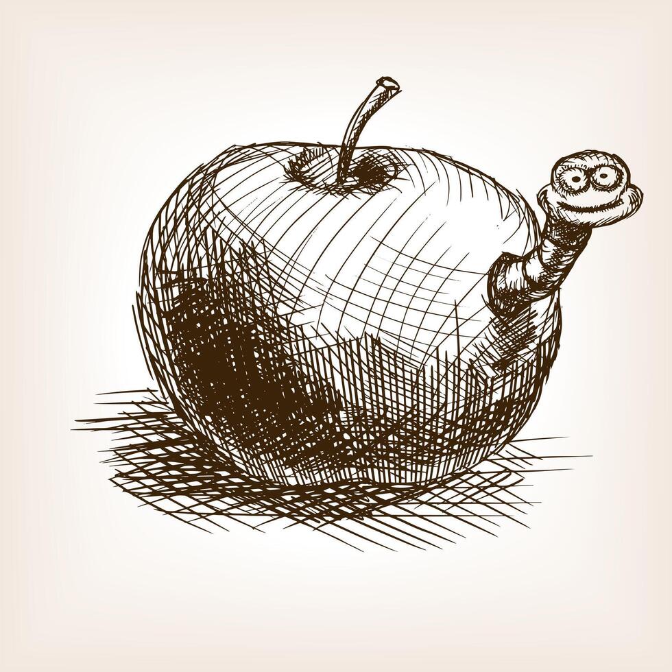 Apple fruit with worm sketch style illustration. Old engraving imitation. Apple fruit and worm hand drawn sketch imitation vector
