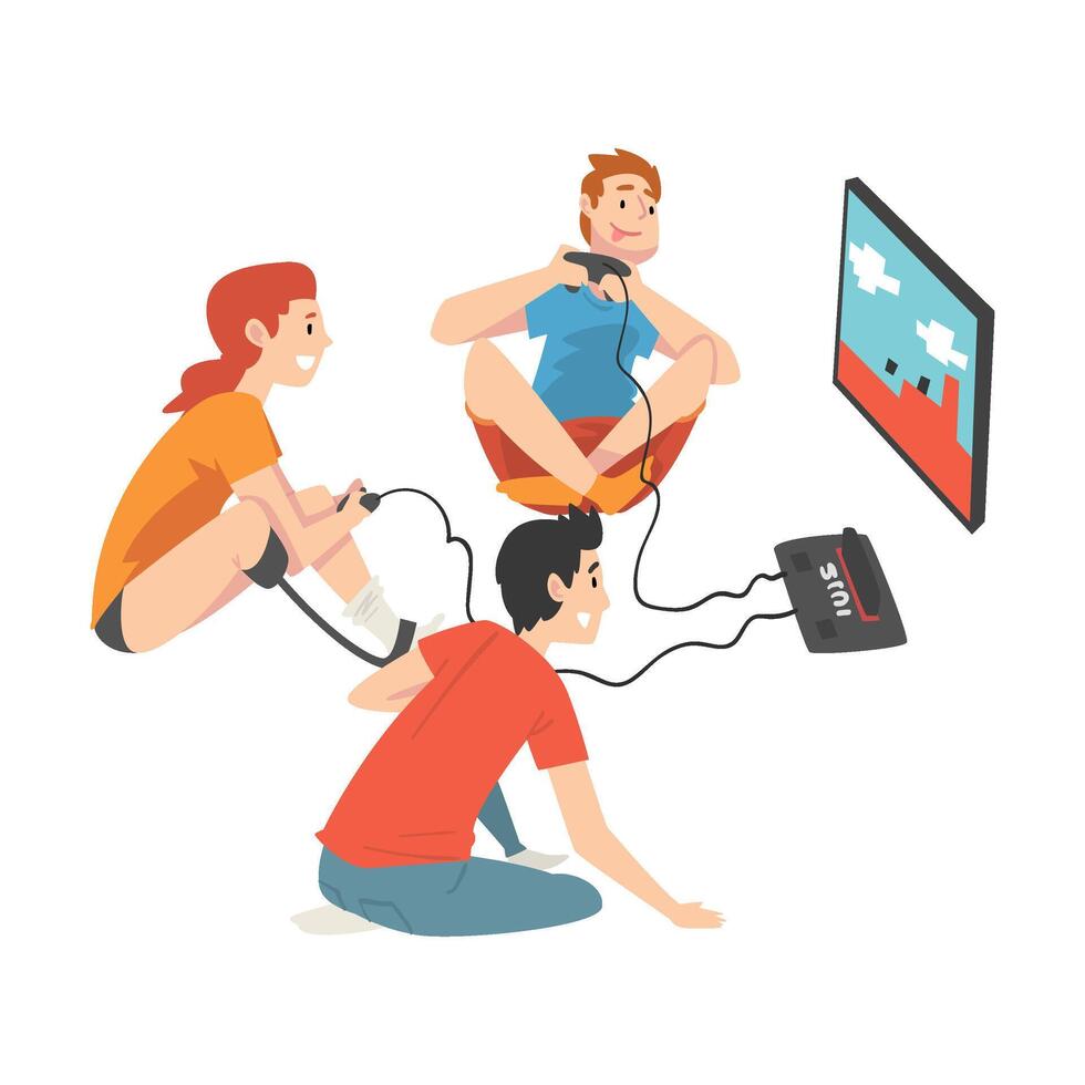 Friends Playing Computer Games, Girl with Leg Prosthesis Spending Good Time with Her Male Friends, Friendship and Support, Person Enjoying Full Life Illustration vector