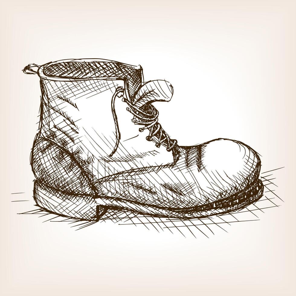 Old boot sketch style illustration. Old engraving imitation. Ragged boot hand drawn sketch imitation. vector