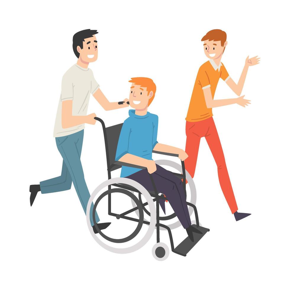 Friends Carrying Man Sitting in Wheelchair, Men Supporting Their Friend, Friendship and Support, Handicapped Person Enjoying Full Life Illustration vector