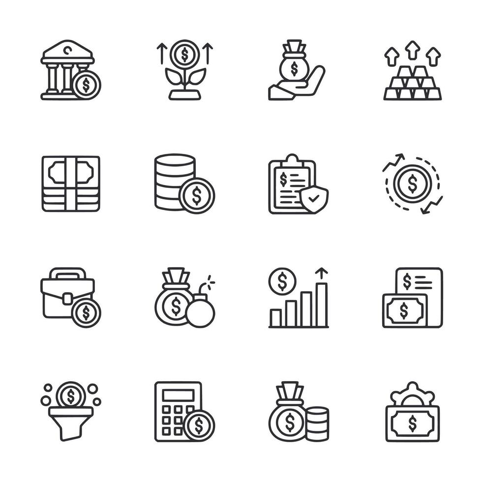 A set of money related icons including a bank, a calculator, a stack of coins vector