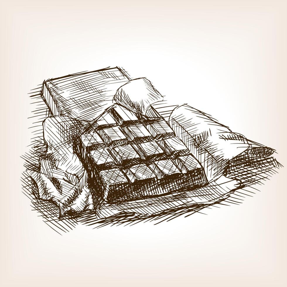 Bar of chocolate sketch style illustration. Old engraving imitation. Chocolate hand drawn sketch imitation vector